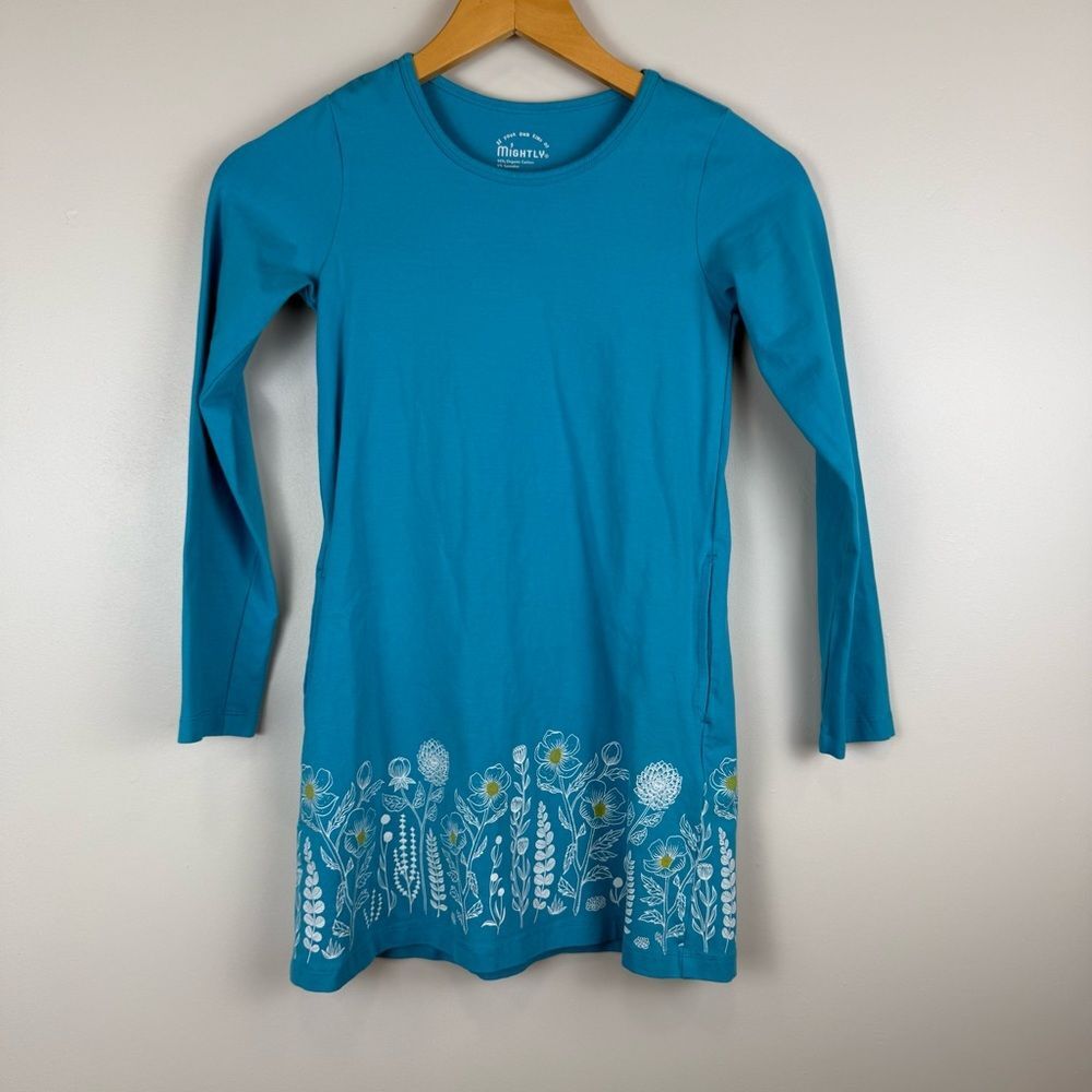Mightly Girls Size Large Cotton Long Sleeve T-Shirt Dress Floral Teal Blue